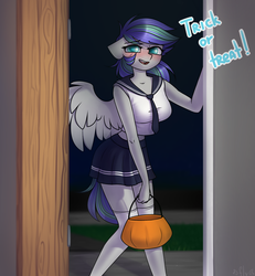 Size: 1849x2000 | Tagged: safe, artist:starlyfly, oc, oc only, oc:storm feather, pegasus, anthro, big breasts, blushing, breasts, clothes, cute, female, halloween, holiday, mare, moe, pleated skirt, pumpkin bucket, rule 63, schoolgirl, skirt, socks, solo, thigh highs, trick or treat, zettai ryouiki