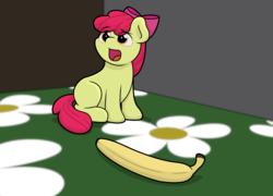 Size: 3506x2527 | Tagged: safe, artist:ljdamz1119, apple bloom, earth pony, pony, g4, adorable distress, banana, banana for scale, bananabloom, blank flank, cute, female, filly, flower, food, high res, ponified animal photo, reference, solo