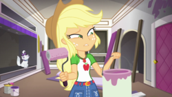 Size: 1280x720 | Tagged: safe, screencap, applejack, opalescence, cat, human, diy with applejack, equestria girls, g4, my little pony equestria girls: better together, female, paint bucket, paint roller