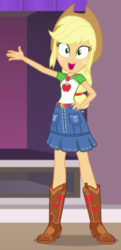 Size: 263x545 | Tagged: safe, screencap, applejack, diy with applejack, equestria girls, g4, my little pony equestria girls: better together, boots, clothes, collar, cowboy boots, cowboy hat, cropped, cutie mark on clothes, denim skirt, female, geode of super strength, hand on hip, hat, jewelry, looking at you, magical geodes, necklace, open mouth, open smile, ponytail, shirt, shoes, skirt, smiling, solo, t-shirt, teenager, waving