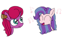 Size: 1595x1080 | Tagged: safe, artist:徐詩珮, oc, oc only, oc:betty pop, oc:party song, earth pony, pony, unicorn, ear plugs, female, magical lesbian spawn, mare, next generation, offspring, parent:glitter drops, parent:pinkie pie, parent:tempest shadow, parent:vinyl scratch, parents:glittershadow, parents:vinylpie, simple background, singing, solo, transparent background, unamused