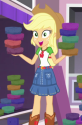 Size: 459x698 | Tagged: safe, screencap, applejack, diy with applejack, equestria girls, g4, my little pony equestria girls: better together, applejack's hat, belt, boots, breaking the fourth wall, clothes, collar, cowboy boots, cowboy hat, cropped, cushion, denim skirt, female, freckles, geode of super strength, hat, jewelry, magical geodes, necklace, open mouth, open smile, shirt, shoes, skirt, smiling, solo, stetson, t-shirt, talking to viewer, teenager