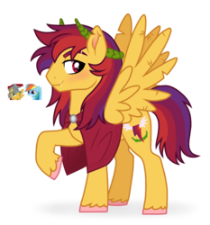 Size: 1358x1456 | Tagged: safe, artist:unoriginai, flash magnus, rainbow dash, oc, pegasus, pony, g4, cape, clothes, laurel wreath, male, next generation, offspring, parent:flash magnus, parent:rainbow dash, parents:dashmagnus, scar, screencap reference