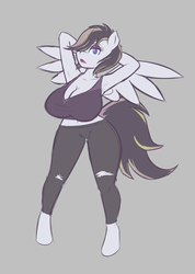 Size: 1034x1450 | Tagged: safe, artist:funble, oc, oc:silver dust, pegasus, anthro, unguligrade anthro, anthro oc, arm behind head, armpits, big breasts, breasts, busty oc, gray background, huge breasts, simple background