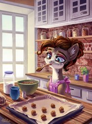 Size: 1654x2217 | Tagged: safe, artist:holivi, oc, oc only, oc:cookie dough, cat pony, original species, pony, g4, apron, baking, brick, brown hair, bun, clothes, color, commission, cookie, cottagecore, cute, female, food, green eyes, kitchen, lighting, makeup, mare, plant, solo, spoon, window
