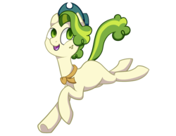Size: 1600x1237 | Tagged: safe, artist:firepetalfox, pistachio, earth pony, pony, g4, my little pony best gift ever, colored pupils, cute, empty eyes, hat, jumping, looking back, looking up, male, missing cutie mark, raised hoof, simple background, smiling, solo, stallion, transparent background, underhoof