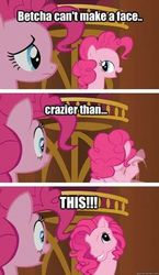 Size: 236x408 | Tagged: safe, edit, edited screencap, screencap, pinkie pie, earth pony, pony, g4, too many pinkie pies, betcha can't make a face crazier than this, clone, comic, duo, g3 faic, pinkie clone, pinkie's silly face, screencap comic, text
