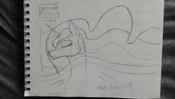 Size: 900x507 | Tagged: safe, artist:supra80, princess celestia, pony, g4, bed, bedsheets, pencil drawing, pillow, sketch, sketchbook, sleeping, traditional art
