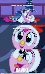 Size: 500x818 | Tagged: safe, edit, edited screencap, screencap, pinkie pie, twilight sparkle, bird, chicken, pony, g4, luna eclipsed, season 2, animal costume, chicken pie, chicken suit, clothes, comic, cosplay, costume, duo, funny, misspelling, my little brony, nightmare night costume, screencap comic, silly, silly pony, star swirl the bearded costume, text, twilight the bearded