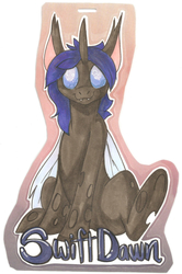 Size: 1688x2544 | Tagged: safe, artist:pmoss, oc, oc only, oc:swift dawn, changeling, pony, badge, blue changeling, blue eyes, changeling oc, commission, con badge, fangs, male, simple background, smiling, solo, traditional art, white background
