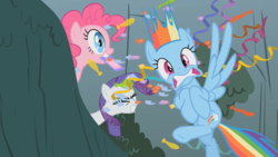 Size: 800x450 | Tagged: safe, screencap, pinkie pie, rainbow dash, rarity, pegasus, pony, dragonshy, g4, confetti, female, mare, shocked