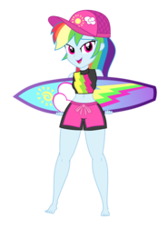 Size: 6800x9200 | Tagged: safe, alternate version, artist:gabosor, derpibooru exclusive, rainbow dash, blue crushed, equestria girls, equestria girls specials, g4, my little pony equestria girls: better together, my little pony equestria girls: forgotten friendship, absurd resolution, adorasexy, amused, barefoot, baseball cap, bedroom eyes, belly button, bikini, bikini bottom, bikini top, board shorts, cap, clothes, curvy, cute, dashabetes, faic, feet, female, full body, grabbing, grin, happy, hat, hips, legs, long hair, looking at you, midriff, missing accessory, multicolored hair, open mouth, paint.net, pose, rainbow hair, raised eyebrow, sexy, show accurate, simple background, sleeveless, small feet, smiling, smug, smugdash, solo, sports, stomach, surfboard, swimming trunks, swimsuit, tankini, thighs, tiny feet, toes, transparent background, vector, wall of tags, wide hips