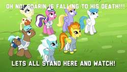 Size: 1024x576 | Tagged: safe, edit, edited screencap, screencap, abradacanter, cloud kicker, fleetfoot, haymaker, lightning bolt, soarin', spitfire, white lightning, pegasus, pony, g4, rainbow falls, background pony, dark comedy, female, funny, implied soarin', looking up, male, mare, stallion, text, unnamed character, unnamed pony, warmup suit