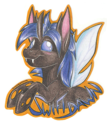 Size: 1750x2030 | Tagged: safe, artist:marblefang, oc, oc only, oc:swift dawn, changeling, pony, badge, blue changeling, blue eyes, changeling oc, commission, con badge, fangs, male, simple background, smiling, traditional art, white background