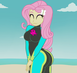 Size: 1900x1800 | Tagged: dead source, safe, artist:mashoart, fluttershy, equestria girls, equestria girls series, g4, :3, ass, beach, big breasts, boobs and butt pose, breasts, busty fluttershy, butt, clothes, cute, eyes closed, female, flutterbutt, fluttershy's wetsuit, ocean, sand, shyabetes, smiling, solo, swimsuit, wetsuit