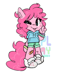 Size: 808x1004 | Tagged: safe, artist:chop4, pinkie pie, anthro, g4, :p, ambiguous facial structure, bandaid, bracelet, clothes, cute, diapinkes, eye clipping through hair, female, heart, heart eyes, hoodie, jewelry, one eye closed, silly, simple background, solo, tongue out, transparent background, wingding eyes
