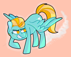 Size: 595x476 | Tagged: safe, artist:uglygirlstatus, lightning dust, pegasus, pony, g4, female, grin, lidded eyes, no pupils, smiling, solo, spread wings, wings