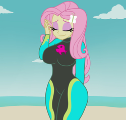 Size: 1900x1800 | Tagged: dead source, safe, artist:mashoart, fluttershy, equestria girls, g4, my little pony equestria girls: better together, beach, beach babe, big breasts, breasts, busty fluttershy, clothes, curvy, eyes closed, female, fluttershy's wetsuit, ocean, sand, smiling, solo, thick, wetsuit