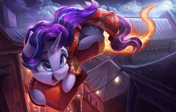 Size: 4000x2550 | Tagged: safe, artist:vanillaghosties, starlight glimmer, pony, unicorn, g4, cheongsam, chinatown, chinese new year, clothes, cute, dress, female, fireworks, glimmerbetes, high res, kimono (clothing), mare, new year, rocket, smiling, solo, this will end in explosions