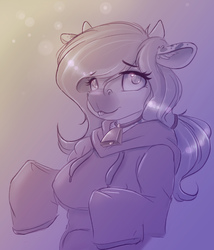 Size: 1800x2100 | Tagged: safe, artist:ardail, oc, oc only, oc:mocha latte, cow, anthro, anthro oc, bell, bell collar, clothes, collar, cowbell, cowified, cute, digital art, erect nipples, female, hair accessory, hair tie, hoodie, long sleeves, monochrome, nipple outline, ocbetes, ponytail, sketch, smiling, solo, species swap, sweater, tongue out