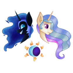 Size: 1528x1528 | Tagged: safe, artist:averydrawsthings, nightmare moon, princess celestia, pony, g4, duo, female, simple background, sisters, transparent background