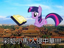 Size: 1200x900 | Tagged: safe, twilight sparkle, pony, unicorn, g4, beijing, book, china, chinese, female, forbidden city, giant pony, highrise ponies, macro, solo, translated in the comments, 中华大地不可侵犯