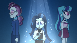 Size: 1280x720 | Tagged: safe, artist:carouselunique, principal abacus cinch, sonata dusk, oc, oc:dolly dusk, comic:aria's archives, equestria girls, g4, female, microphone, mother and daughter, offspring, parent:chancellor neighsay, parent:sonata dusk, singing