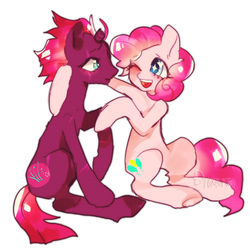 Size: 2700x2700 | Tagged: safe, artist:t-0-rtured, fizzlepop berrytwist, pinkie pie, tempest shadow, earth pony, pony, unicorn, g4, female, high res, lesbian, mare, shipping, simple background, tempestpie, white background