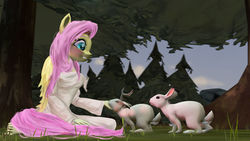 Size: 1280x720 | Tagged: safe, artist:zsnowfilez, fluttershy, jackalope, rabbit, anthro, g4, 3d, female, forest, kindness, solo, tree