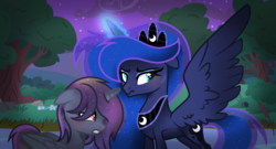 Size: 1588x858 | Tagged: safe, artist:alizeethepony2008, princess luna, oc, oc:honey moon, oc:honeymoon, alicorn, pony, unicorn, g4, alicorn oc, female, horn, mare, mother and daughter, night, offspring, parent:king sombra, parent:princess luna, parents:lumbra, sad, unicorn oc, wings