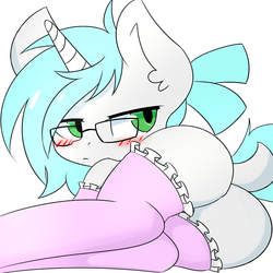 Size: 2000x2000 | Tagged: safe, artist:cancer742, oc, oc only, oc:sophia green, pony, unicorn, bedroom eyes, blushing, butt, clothes, ear fluff, female, glasses, green eyes, high res, horn, looking back, lying, mare, plot, simple background, solo, stockings, thigh highs, white background