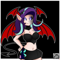 Size: 4000x4000 | Tagged: safe, artist:caoscore, starlight glimmer, demon, human, g4, belly button, breasts, cleavage, clothes, costume, female, humanized, light skin, midriff, miniskirt, skirt, smiling, smirk, solo, wings