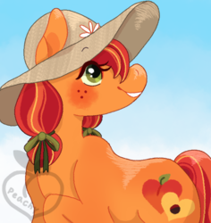 Size: 665x705 | Tagged: safe, artist:peachy-pea, oc, oc only, earth pony, pony, blushing, female, freckles, gradient background, hair tie, hat, mare, smiling, solo