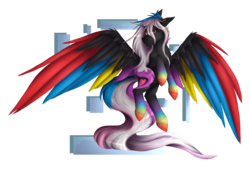 Size: 2353x1598 | Tagged: safe, artist:fluxittu, oc, oc only, oc:flaming rainbow, alicorn, pony, colored wings, female, mare, multicolored wings, solo