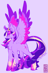 Size: 610x920 | Tagged: safe, artist:uberchargecovu, twilight sparkle, alicorn, pony, g4, chest fluff, colored hooves, colored wings, colored wingtips, ear fluff, female, fluffy, glasses, leg fluff, mare, purple background, rainbow power, simple background, smiling, smirk, solo, spread wings, twilight sparkle (alicorn), unshorn fetlocks, wing fluff, wings