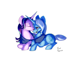 Size: 2800x2333 | Tagged: safe, artist:eeviart, starlight glimmer, trixie, pony, g4, eyes closed, female, high res, lesbian, mare, ship:startrix, shipping, simple background, smiling, transparent background
