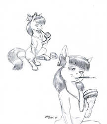 Size: 1024x1179 | Tagged: safe, artist:baron engel, apple bloom, earth pony, pony, g4, bow, female, filly, grayscale, hair bow, jewelry, monochrome, mouth hold, paint can, paintbrush, pencil drawing, pendant, simple background, solo, story included, traditional art, white background