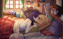 Size: 1600x1000 | Tagged: safe, artist:tcn1205, applejack, rarity, human, equestria girls, g4, alarm clock, apple, arm behind head, backpack, bed, clock, clothes, cute, eyes closed, faceless female, female, food, freckles, french kiss, guitar, humanized, jackabetes, keytar, kissing, lesbian, musical instrument, notebook, offscreen character, passionate, pencil, picture frame, pony coloring, raribetes, ship:rarijack, shipping, sleeveless, tank top, window