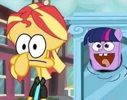 Size: 329x258 | Tagged: artist needed, safe, sunset shimmer, twilight sparkle, equestria girls, g4, cursed image, male, not salmon, shitposting, spongebob squarepants, squidward tentacles, wat, what has science done, why