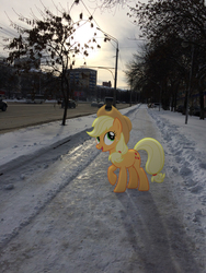 Size: 2448x3264 | Tagged: safe, artist:albertuha, applejack, earth pony, pony, g4, female, high res, irl, mare, photo, ponies in real life, raised hoof, russia, smiling, snow, solo, winter