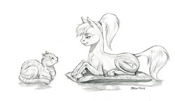 Size: 1400x808 | Tagged: safe, artist:baron engel, oc, oc:quick silver, cat, earth pony, pony, cushion, female, grayscale, lying down, mare, monochrome, pencil drawing, ponytail, simple background, story included, traditional art, white background