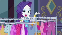 Size: 1920x1080 | Tagged: safe, screencap, rarity, equestria girls, g4, my little pony equestria girls: better together, street chic, autumn, bracelet, clothes rack, cute, eyeshadow, female, geode of shielding, jewelry, lidded eyes, looking at you, magical geodes, makeup, open mouth, raribetes, smiling, solo, talking, talking to viewer, window