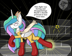 Size: 4929x3835 | Tagged: safe, artist:cuddlelamb, lily longsocks, princess celestia, alicorn, pony, g4, blasting off again, clothes, cosplay, costume, female, mare, moon, one punch man, op has a point
