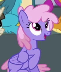 Size: 263x311 | Tagged: safe, screencap, gallus, rainbowshine, smolder, pegasus, pony, g4, the washouts (episode), background pony, cropped, cute, female, looking up, mare, open mouth, raised hoof, sitting, solo focus