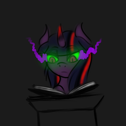 Size: 600x600 | Tagged: safe, artist:sinsays, part of a set, twilight sparkle, pony, unicorn, ask corrupted twilight sparkle, tumblr:ask corrupted twilight sparkle, g4, book, color change, corrupted, corrupted twilight sparkle, curved horn, dark, dark equestria, dark magic, dark queen, dark world, darkened coat, darkened hair, female, horn, magic, part of a series, pedestal, possessed, queen twilight, solo, sombra empire, sombra eyes, sombra horn, tumblr, tyrant sparkle, unicorn twilight