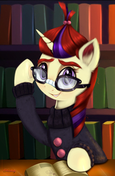 Size: 4200x6400 | Tagged: safe, artist:darksly, moondancer, pony, unicorn, g4, absurd resolution, book, bookshelf, clothes, commission, cute, female, glasses, looking at you, mare, smiling, solo, sweater