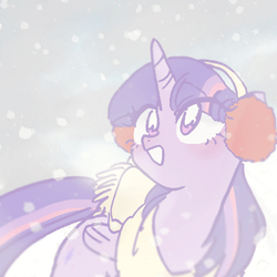 Size: 768x768 | Tagged: safe, artist:xp_r6, twilight sparkle, alicorn, pony, g4, blushing, breath, clothes, cute, earmuffs, female, looking up, mare, open mouth, scarf, smiling, snow, snowfall, solo, twiabetes, twilight sparkle (alicorn), winter