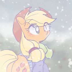 Size: 768x768 | Tagged: safe, artist:xp_r6, applejack, earth pony, pony, g4, applejack's hat, blushing, clothes, cowboy hat, cute, female, freckles, hat, jackabetes, mare, snow, snowfall, solo, winter