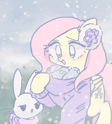 Size: 665x737 | Tagged: safe, artist:xp_r6, angel bunny, fluttershy, bird, pegasus, pony, rabbit, g4, blushing, clothes, cute, duo, female, mare, open mouth, snow, sweater, winter