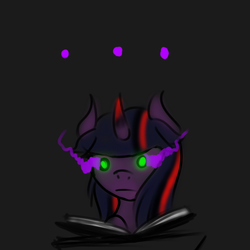 Size: 600x600 | Tagged: safe, artist:sinsays, part of a set, twilight sparkle, pony, unicorn, ask corrupted twilight sparkle, tumblr:ask corrupted twilight sparkle, g4, :i, :l, :|, book, color change, confused, corrupted, corrupted twilight sparkle, curved horn, dark, dark equestria, dark magic, dark queen, dark world, darkened coat, darkened hair, female, horn, magic, part of a series, pedestal, poker face, possessed, queen twilight, roleplay, roleplaying, solo, sombra empire, sombra eyes, sombra horn, tumblr, tyrant sparkle, unicorn twilight